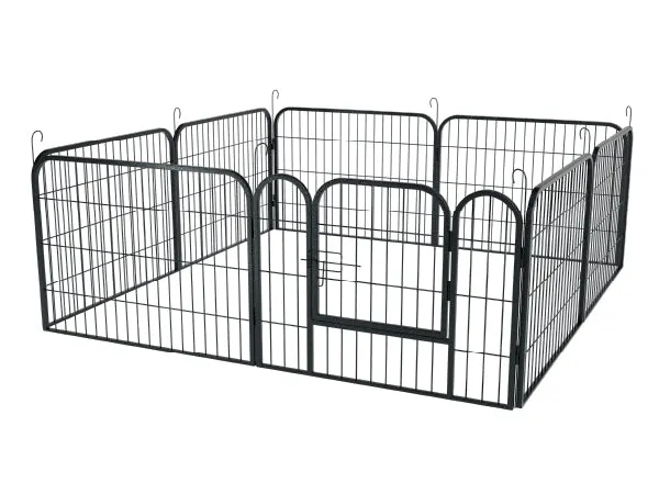 Junge Welpen erkunden sicher einen Welpenlaufstall mit Gitterstäben in einem Innenraum