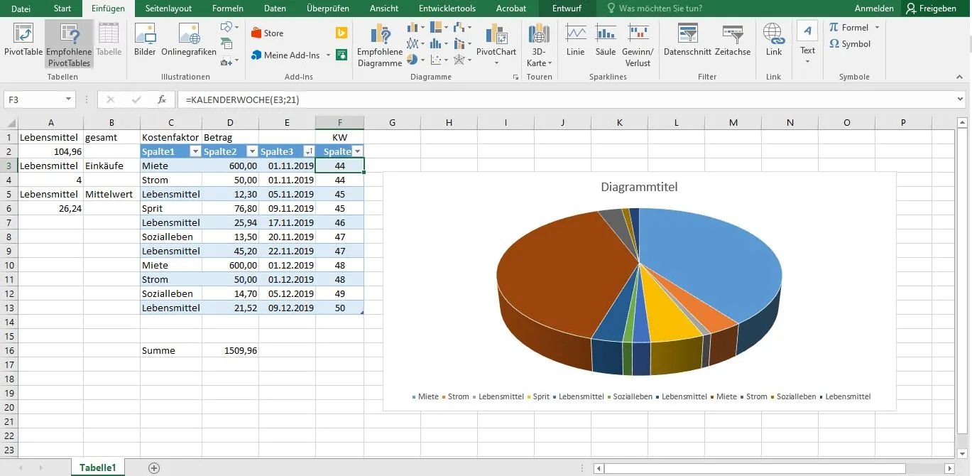 Kalenderfunktion in Excel: Eine Zelle zeigt die Kalenderwoche des angegebenen Datums an.