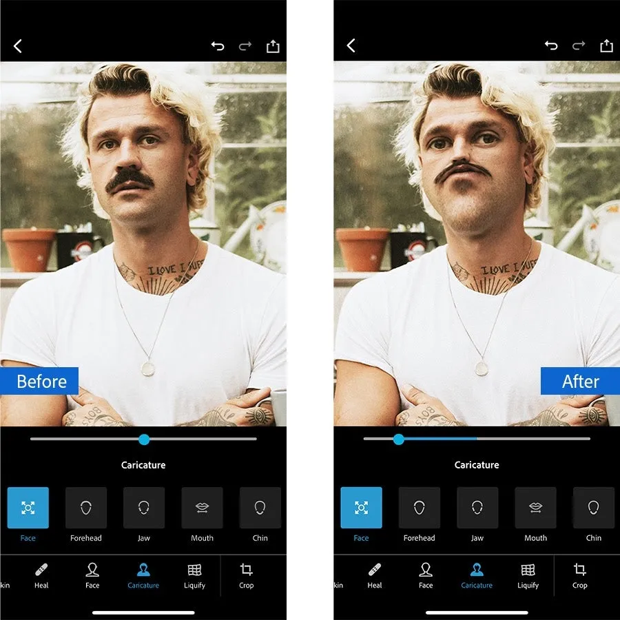 Karikatur-Funktion in Photoshop Express verwandelt ein Porträt in eine lustige Zeichnung