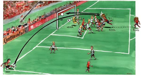 Karikatur von Puyols Kopfballtor im WM-Halbfinale 2010 Deutschland gegen Spanien