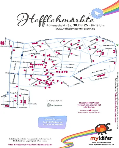 Karte der teilnehmenden Höfe bei den Hofflohmärkten in Rüttenscheid, Essen.