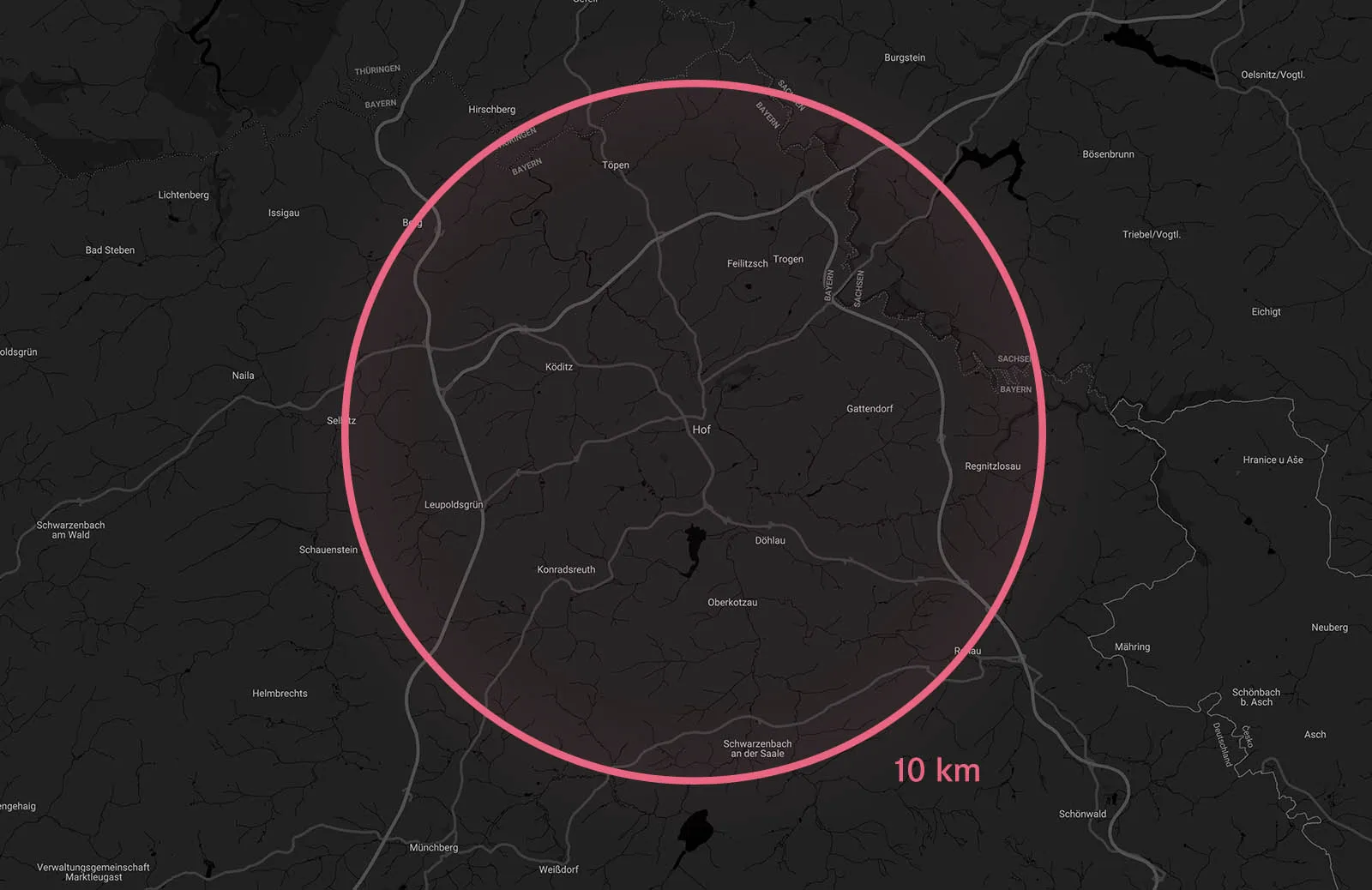 Karte des Liefergebiets für Bäckerei-Produkte rund um Hof: Anzeige eines 10 km Radius für unseren Lieferdienst von frischen Backwaren.