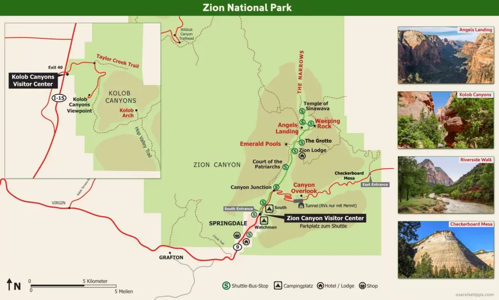 Karte vom Zion National Park mit Straßen, Ausblicken und Wanderwegen.