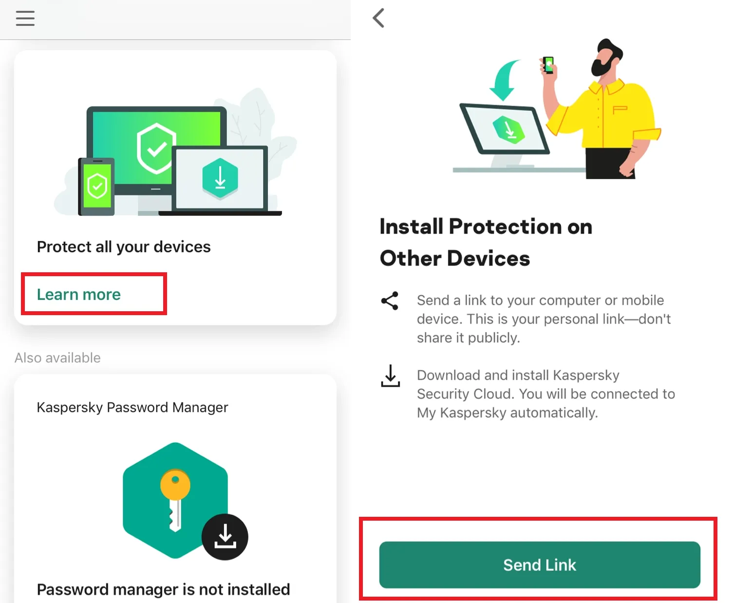 Kaspersky Security Cloud: Lizenz per Link vom Smartphone teilen