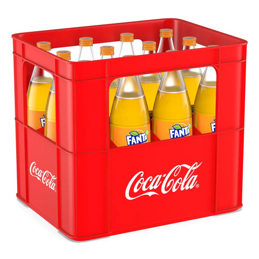 Kasten mit zwölf 1-Liter-Fanta-Orange-Glasflaschen für den Verkauf oder Genuss, symbolisch für deutsche Getränkevielfalt.