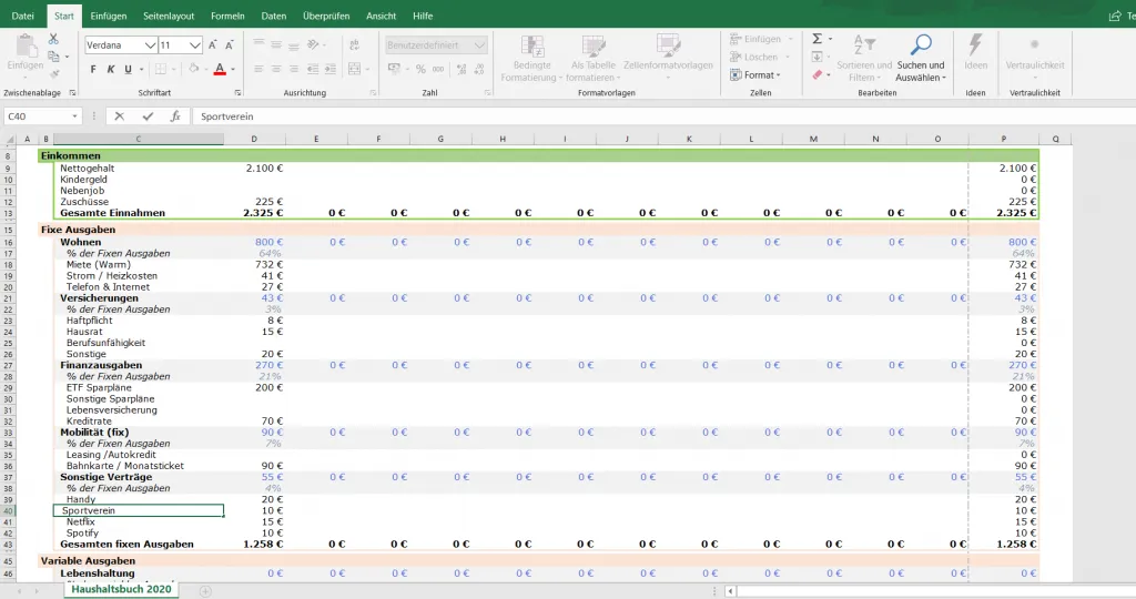 Kategorien personalisieren im Haushaltsplan Excel