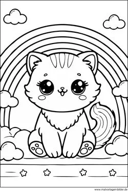 Katze unter einem farbenfrohen Regenbogen zum Ausmalen, ideal für Kinder