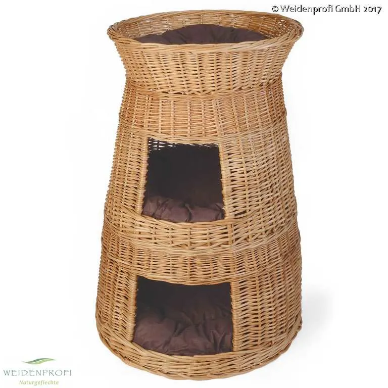 Katzenkorb Weide, Katzenturm mit zwei Höhlen und Liegefläche, inkl. Kissen, aus geschälter europäischer Weide