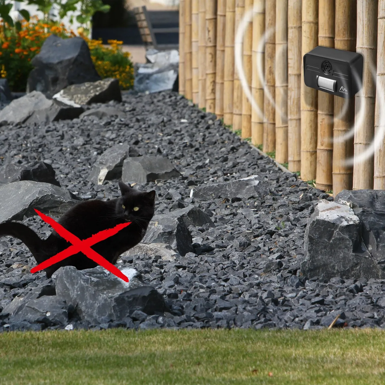 Katzenschreck Gerät platziert im Blumenbeet zur Katzenabwehr