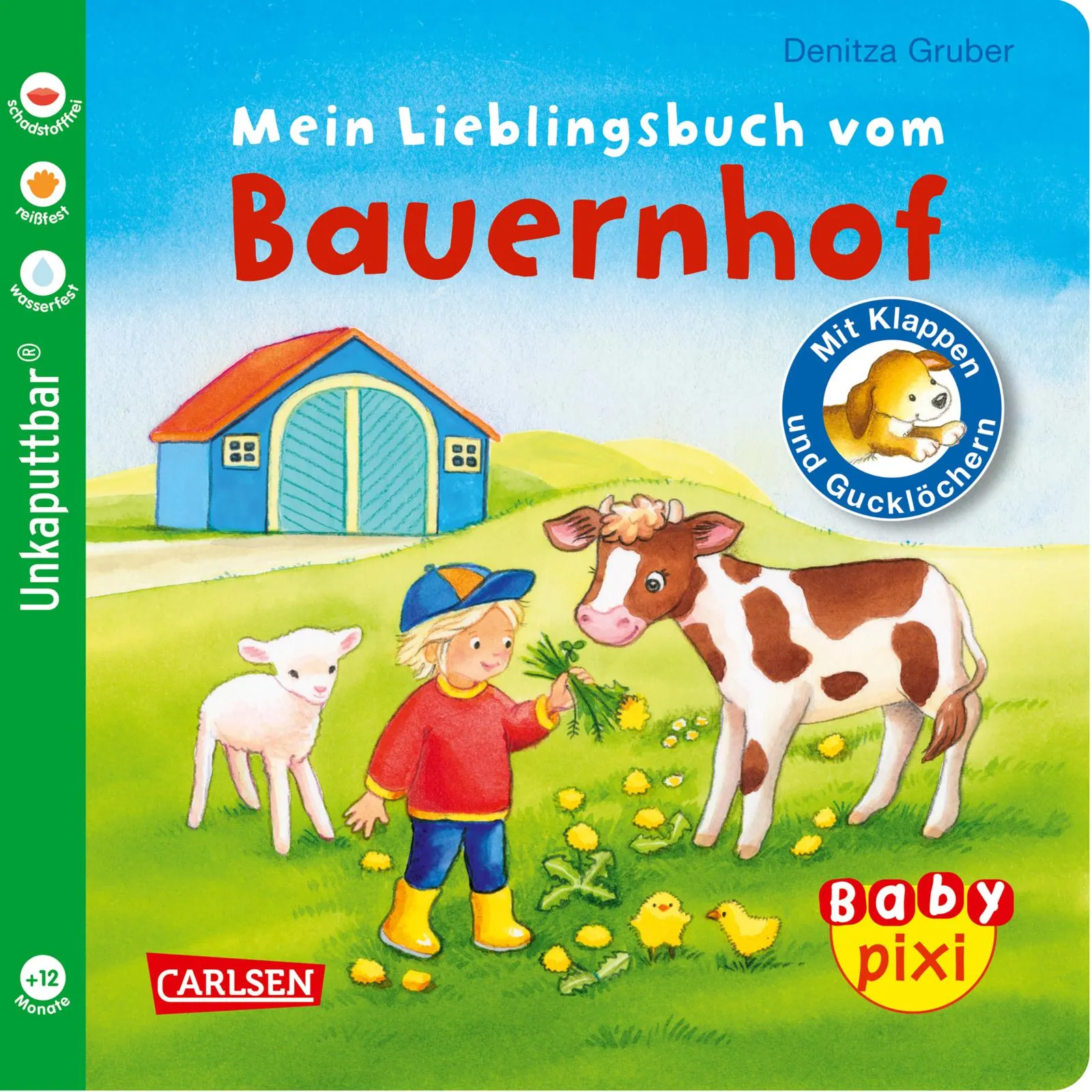 Kind blättert in einem Baby Pixi Bauernhofbuch mit Klappen
