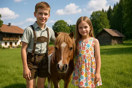 Kinder streicheln ein Pony auf einem traditionellen Bauernhof im Bayerischen Wald
