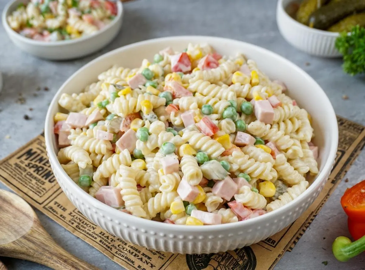 Klassischer deutscher Nudelsalat mit Mayonnaise, perfekt für Grillfeste