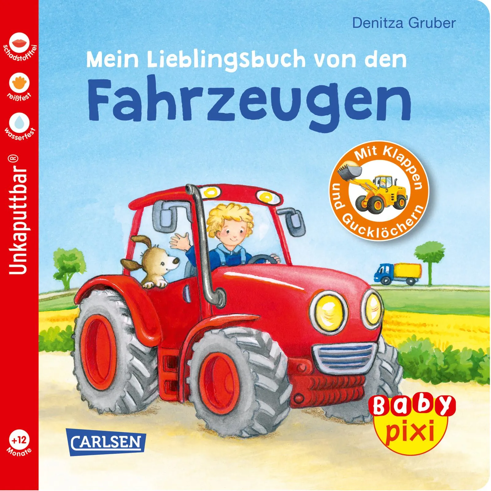 Kleinkind spielt mit einem Baby Pixi Fahrzeugbuch, wasserfest und reißfest