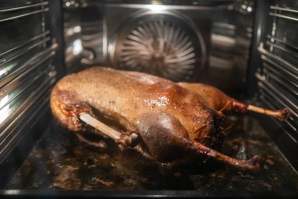 Knusprig gebratene Weihnachtsgans auf einer Platte, daneben Rotkohl und Kartoffelklöße