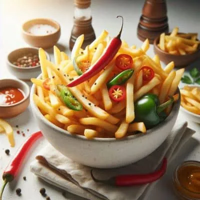 Knusprige gesunde Pommes Frites auf einem Backblech