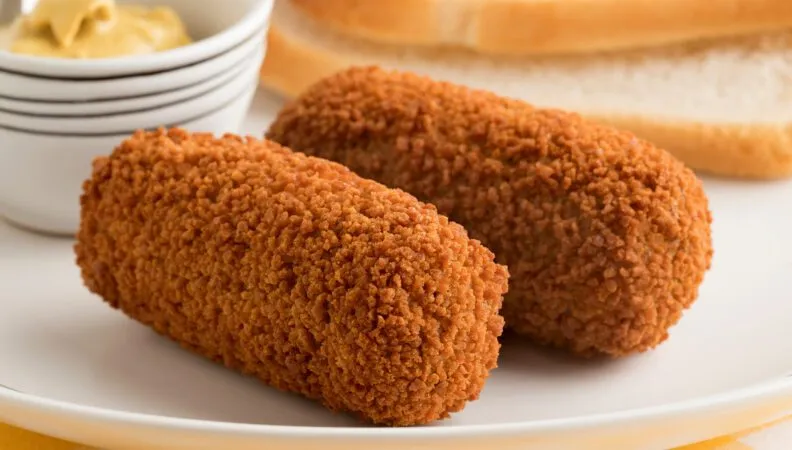 Knusprige Kroketten mit frittierten Pommes Frites, ein klassisches Gericht der niederländischen Snackbar