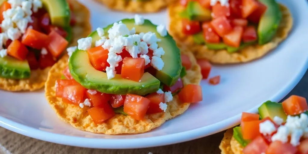 Knusprige Tostadas, reichhaltig belegt mit frischer Guacamole, Tomaten, Koriander und Käse, ideal als bunte mexikanische Vorspeise für Partys.