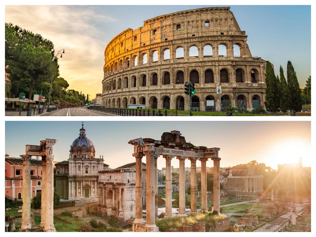 Kolosseum (oben), Forum Romanum (unten)