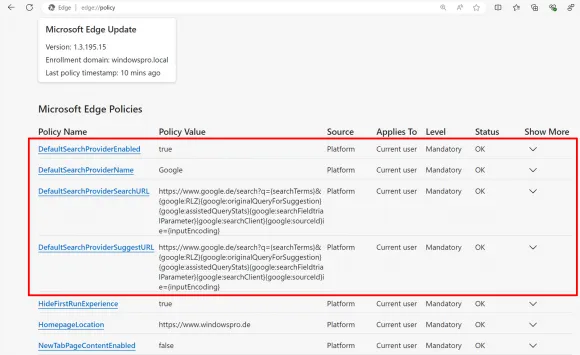 Konfiguration von Google als Suchmaschine in Microsoft Edge mittels vier Richtlinien