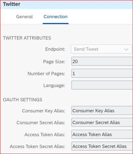Konfigurationseinstellungen des Twitter-Adapters in SAP Cloud Integration mit Feldern für OAuth-Autorisierungsdaten wie Consumer Key und Access Token