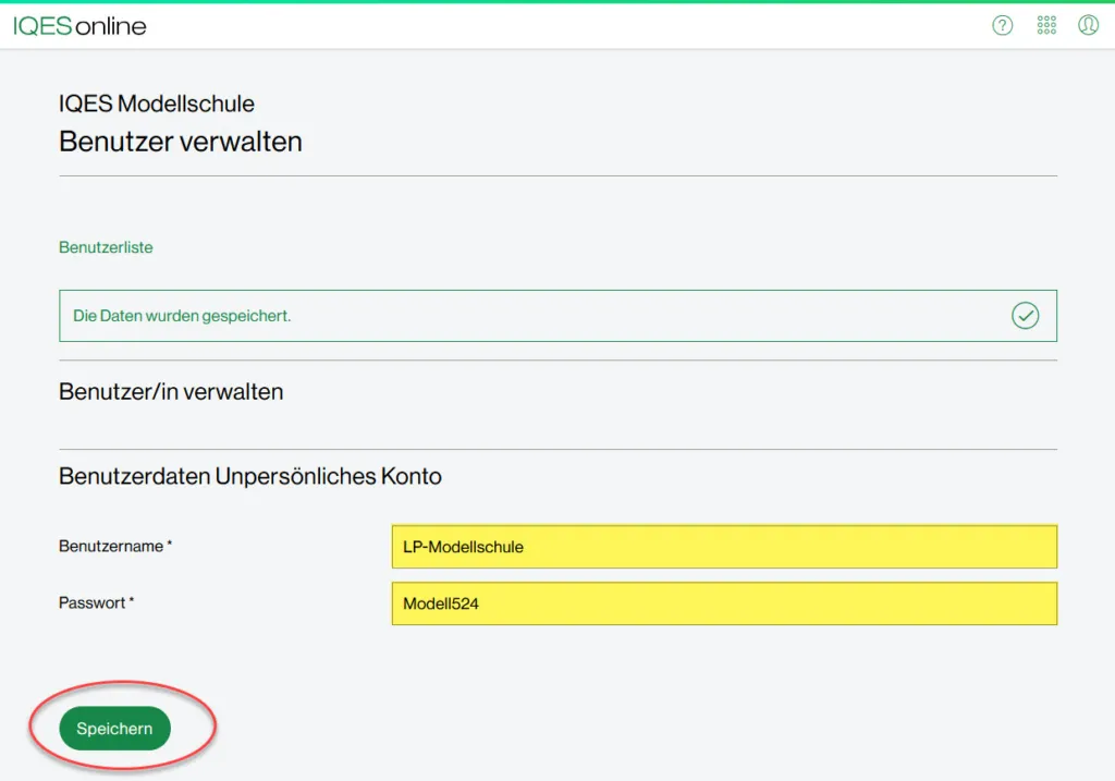 Konfigurationsmaske für die Benutzerdaten eines unpersönlichen IQES-Kontos, bereit zum Eintragen von Benutzername und Passwort.