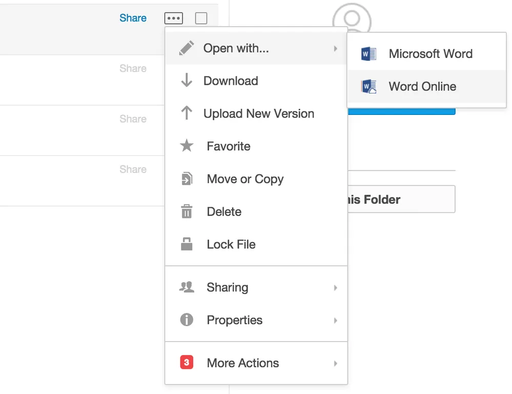 Kontextmenü in Box zur Auswahl von &quot;Öffnen mit Excel für Web&quot; für die Bearbeitung von Box Excel-Dateien.
