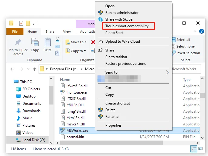 Kontextmenü mit der Option &quot;Kompatibilitätsprobleme beheben&quot; für die MSWorks.exe-Datei.