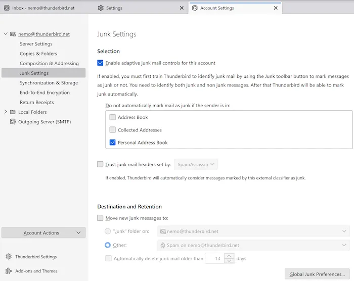 Konto-spezifische Spam-Einstellungen in Thunderbird