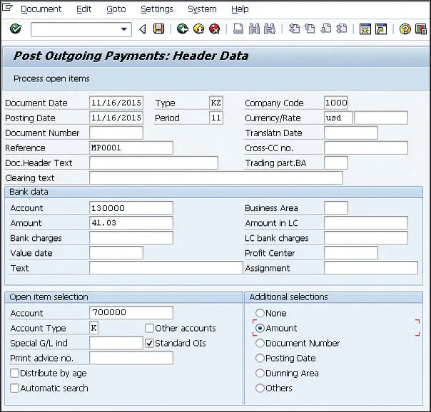 Kopfdaten der manuellen Ausgangszahlung in F-53 erfassen