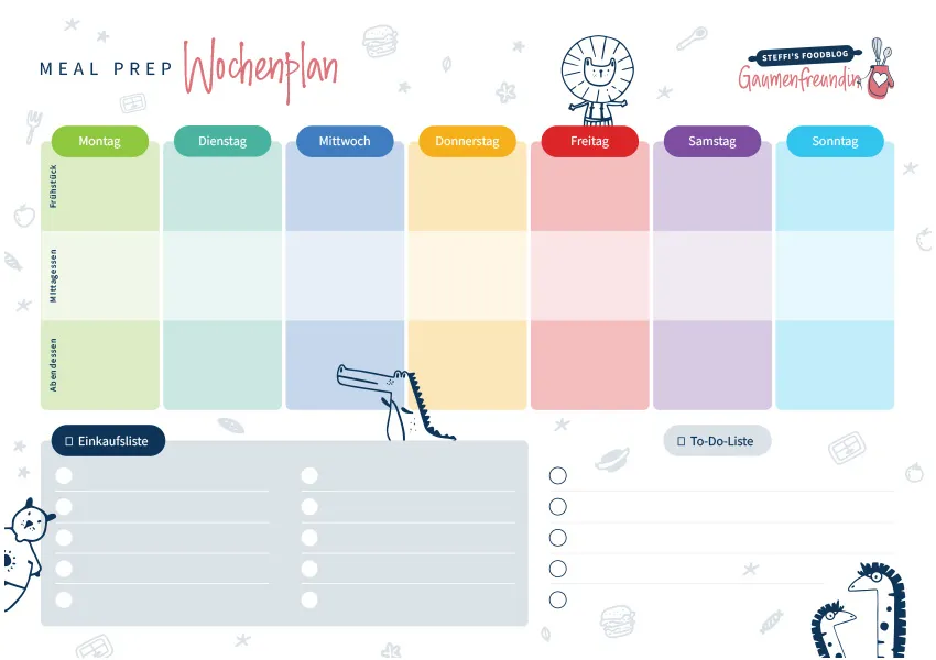 Kostenloser Meal Prep Wochenplan für Kinder im Querformat