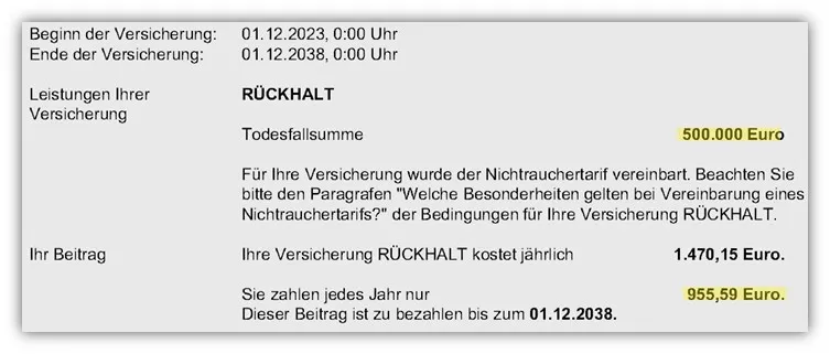 Kostenübersicht für Risikolebensversicherung bei der Dortmunder Versicherung im zweiten Beispiel