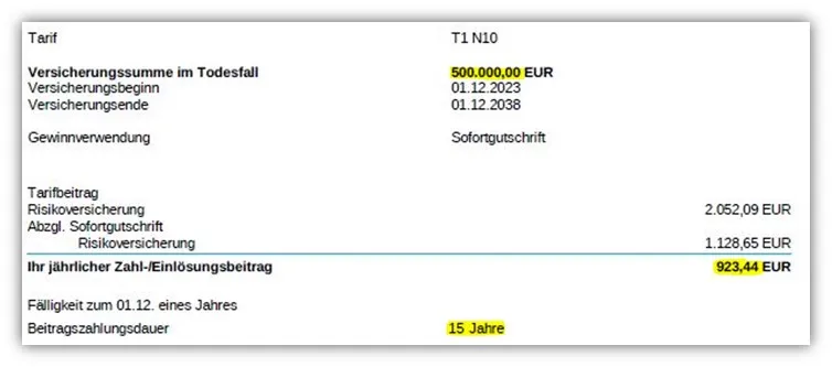 Kostenübersicht für Risikolebensversicherung bei der Hannoverschen Versicherung im zweiten Beispiel