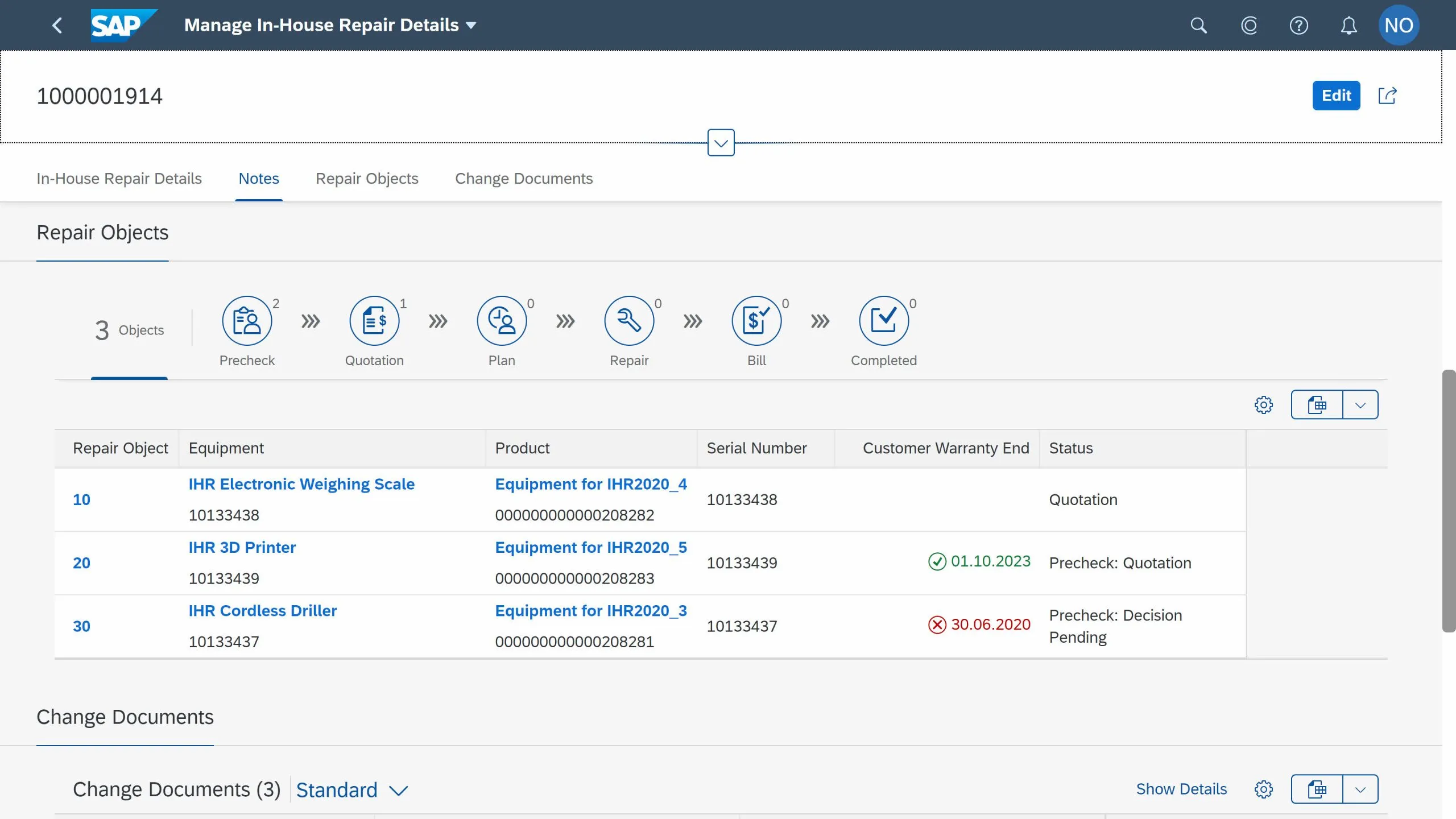 Kunden-/Garantieinformationen in der Inhouse-Reparatur
