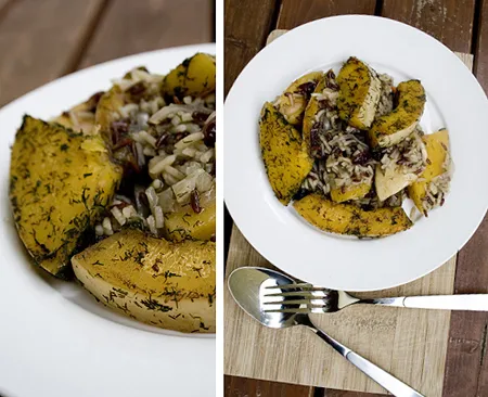 Kürbis-Cranberry-Pfanne, vegan, mit Zimt und Dill garniert