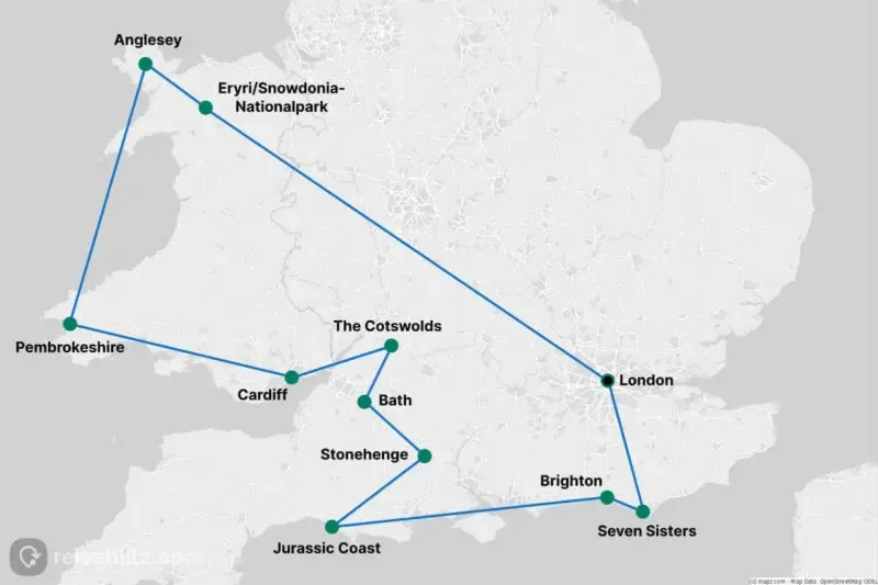 Landkarte von Südengland mit Küstenlinie und grünen Hügeln