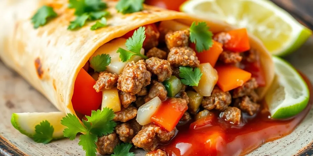 Leckerer, gefüllter Burrito mit frischem Koriander und Limettenspalten auf einem Teller, perfekt als schnelle mexikanische Vorspeise.