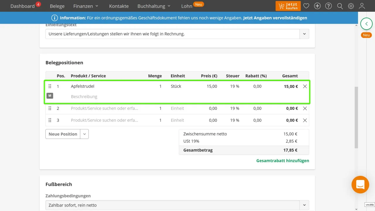 LexOffice Produkte zur Rechnung hinzufügen