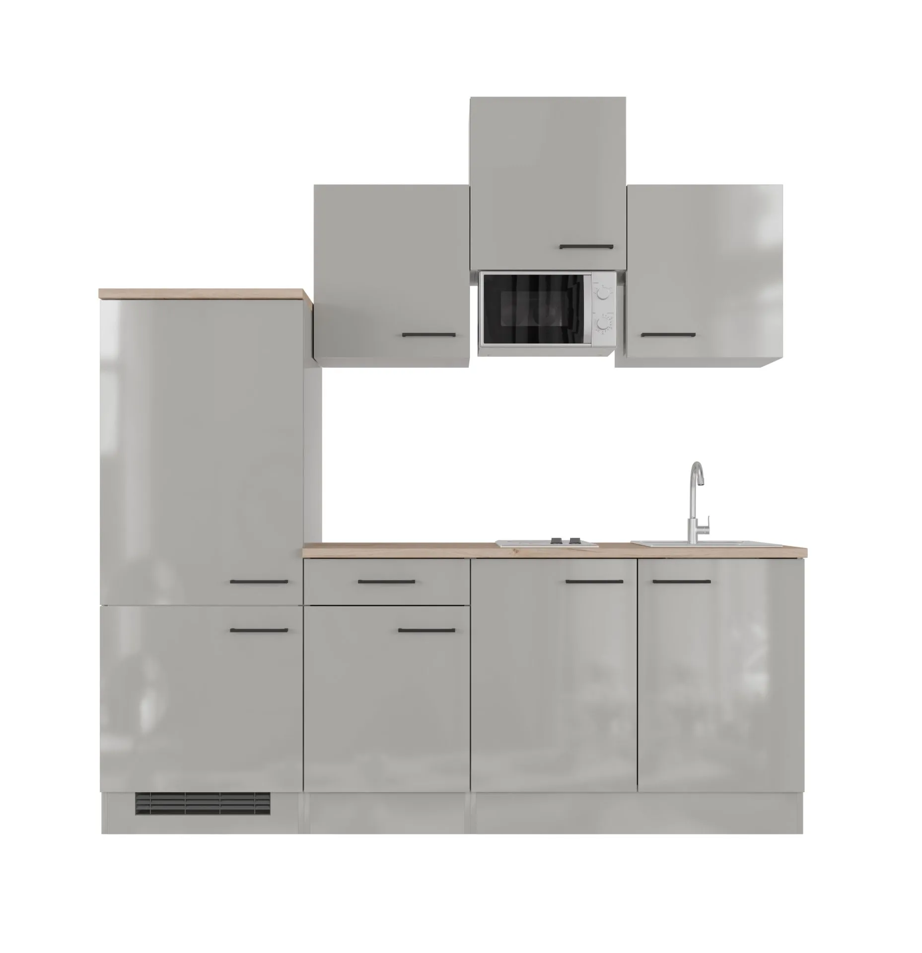 Lichtgraue Einbauküche Lund 210 cm mit integrierter Mikrowelle und Edelstahlspüle