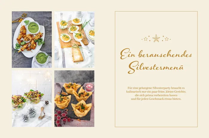 Links vier Fotos eines Silvestermenüs. Rechts Text auf beigem Untergrund mit Sternen.