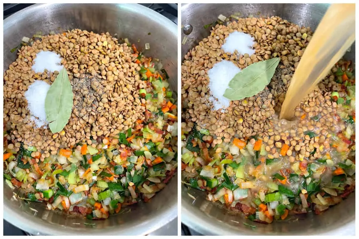 Linsen, Brühe und Gewürze in den Topf geben