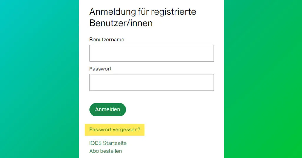 Login-Seite von IQES mit dem hervorgehobenen Link &quot;Passwort vergessen&quot;.