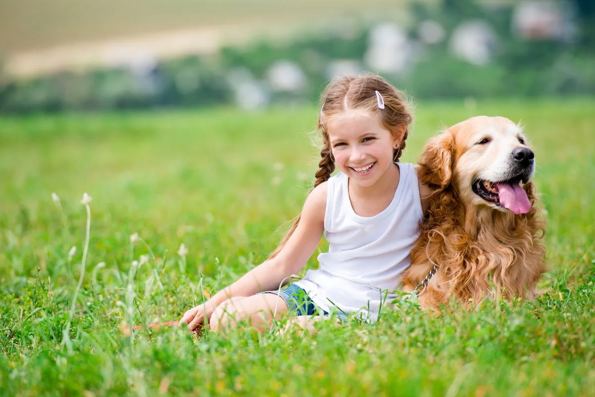 Mädchen umarmt Golden Retriever auf Wiese