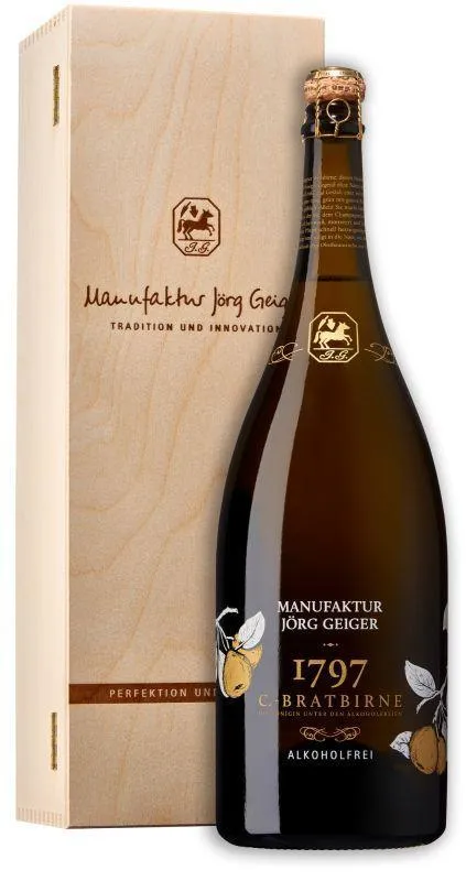 Magnumflasche alkoholfreier Birnenschaumwein in edler Holzkassette