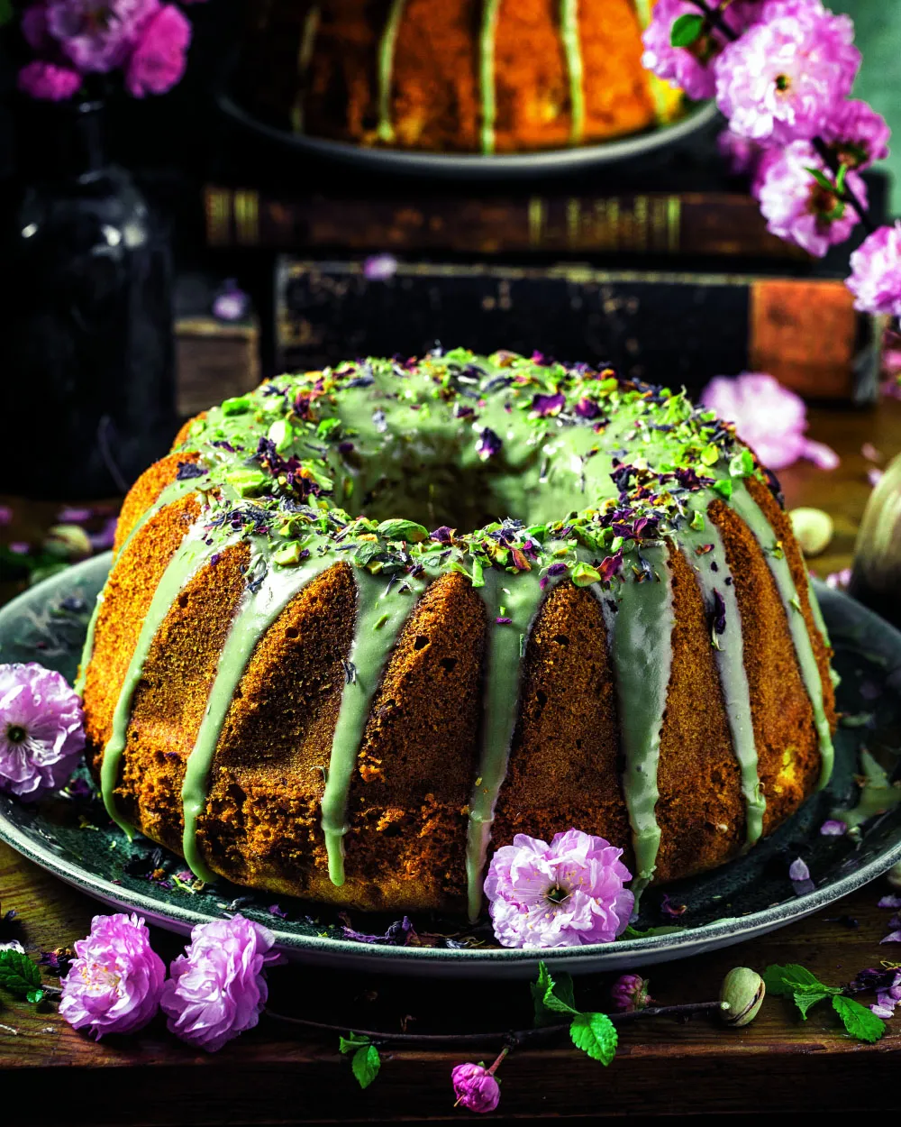 Marzipan-Gugelhupf mit grüner Pistazienglasur, festlich dekoriert mit essbaren Blüten auf einem rustikalen Holztisch, perfekt als Geburtstagskuchen Ostern