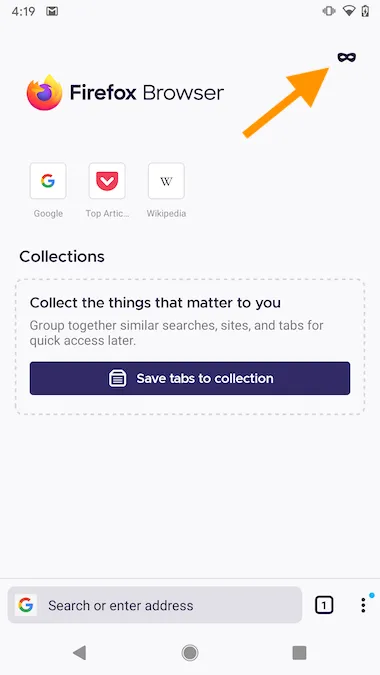 Masken-Symbol zum Starten des privaten Modus in Firefox auf dem Tablet