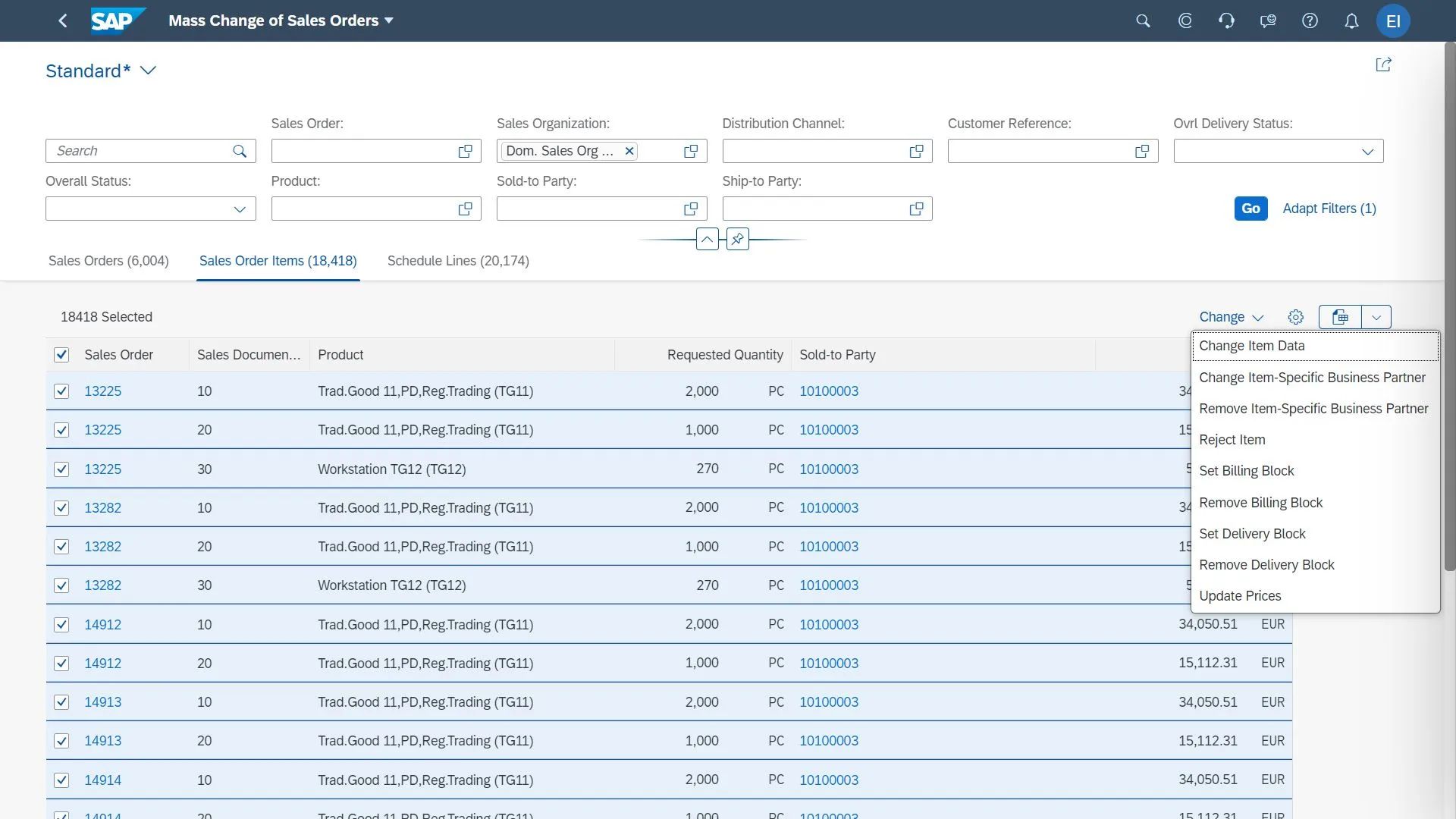 Massenänderung von Kundenaufträgen