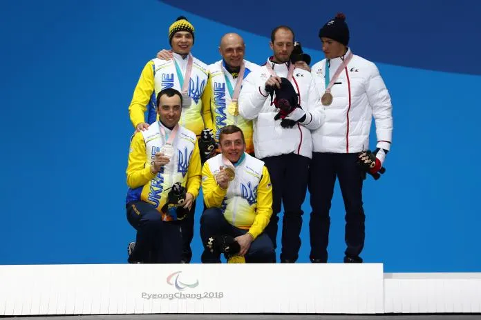 Medaillenverleihung für die männlichen Athleten im Para Biathlon bei den Paralympischen Winterspielen PyeongChang 2018.