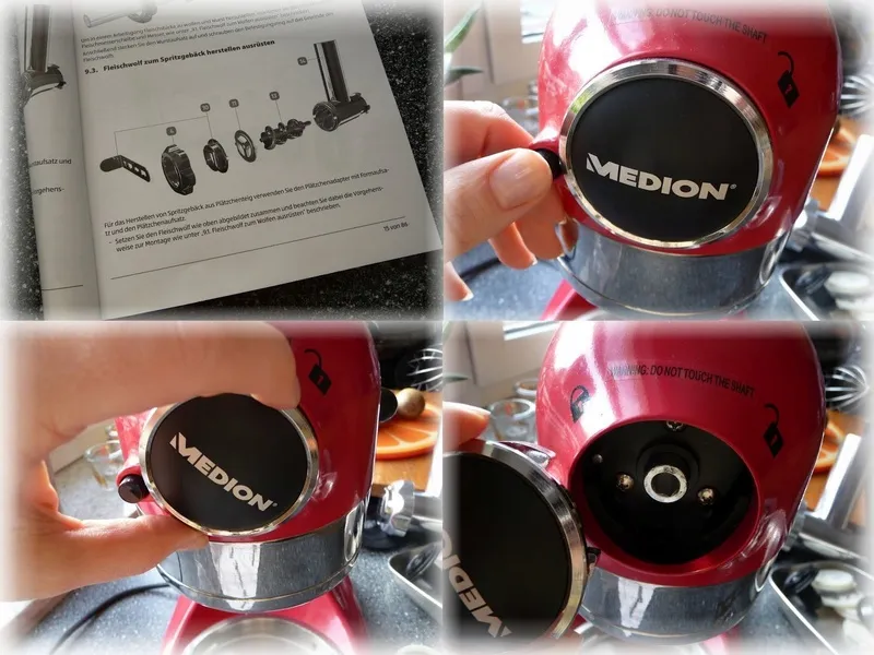 Medion Küchenmaschine mit installiertem Fleischwolf-Aufsatz für Spritzgebäck