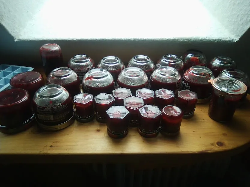 Mehrere Gläser selbstgemachte Brombeermarmelade, frisch zubereitet nach traditionellen und modernen deutschen Rezepten.