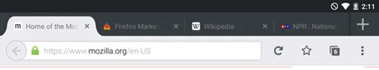 Mehrere offene Tabs in Firefox für Android Tablet, sichtbar in der oberen Tableiste